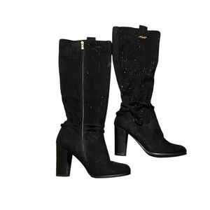Nancy Li Knee High Black Faux Suede‎ Rhinestone 3in Heel Boots Size 7